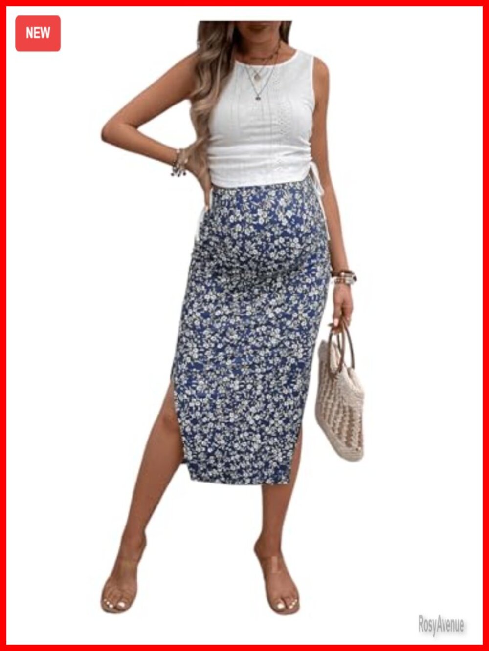 Maternity Two Piece Set Tank Top Floral Midi Skirt Sleeveless Ruched
